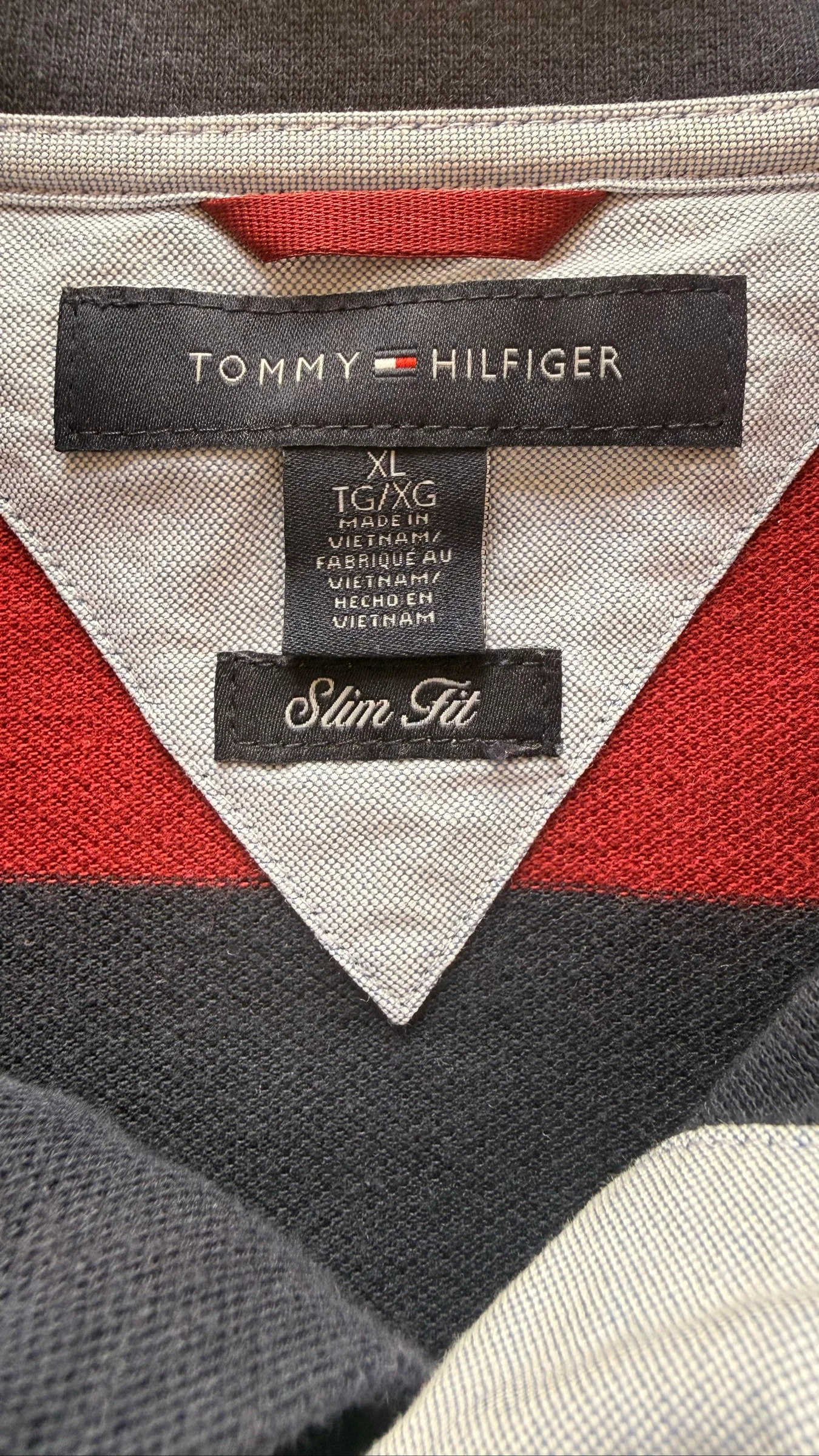 Tommy Hilfiger Polo Shirt Y2K Aesthetic Rugby Style Navy Burgundy Striped Slim Fit XL – photo 4